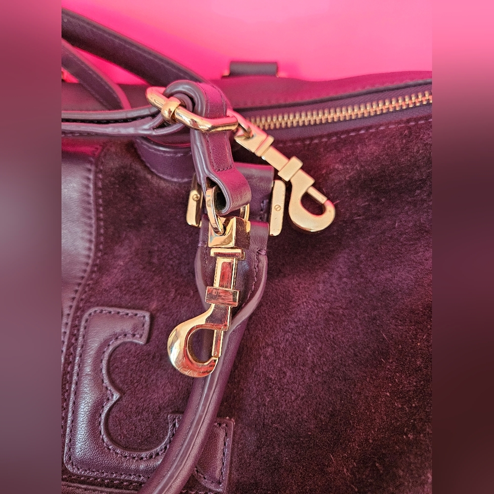 Tory Burch 'Natalie' Satchel Leather & Suede Purple Tote Large - Picture 4 of 8